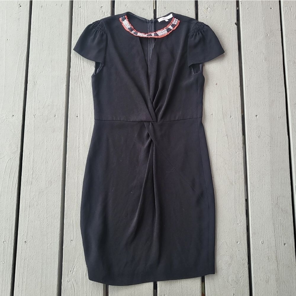 Maje‎ Fraicheur Black Twist Front Cutout V-Front Embroidered Dress Size 2